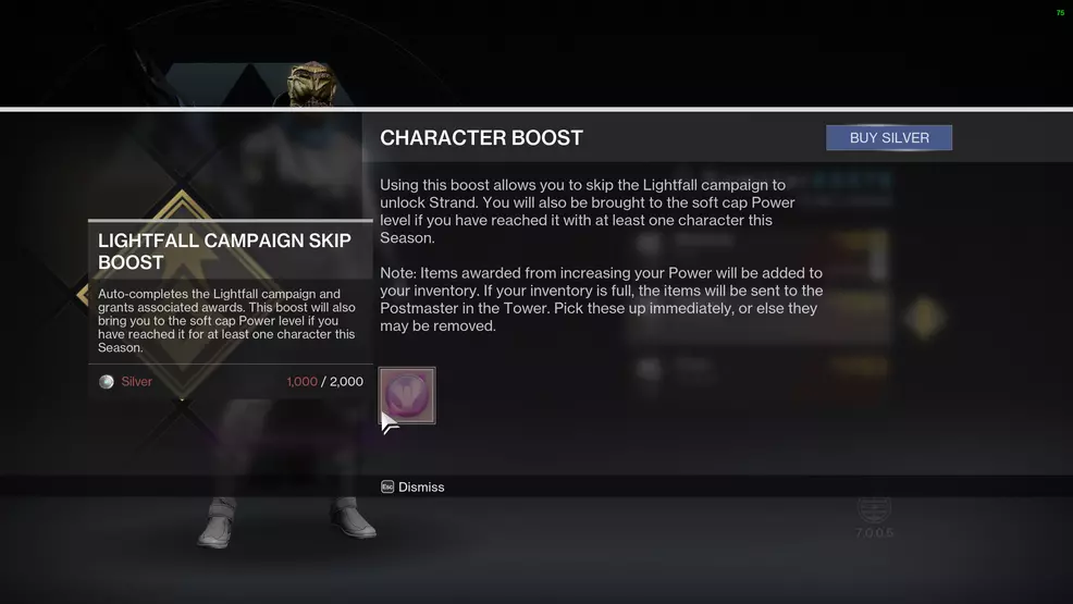 Character Boost info screen in Destiny 2