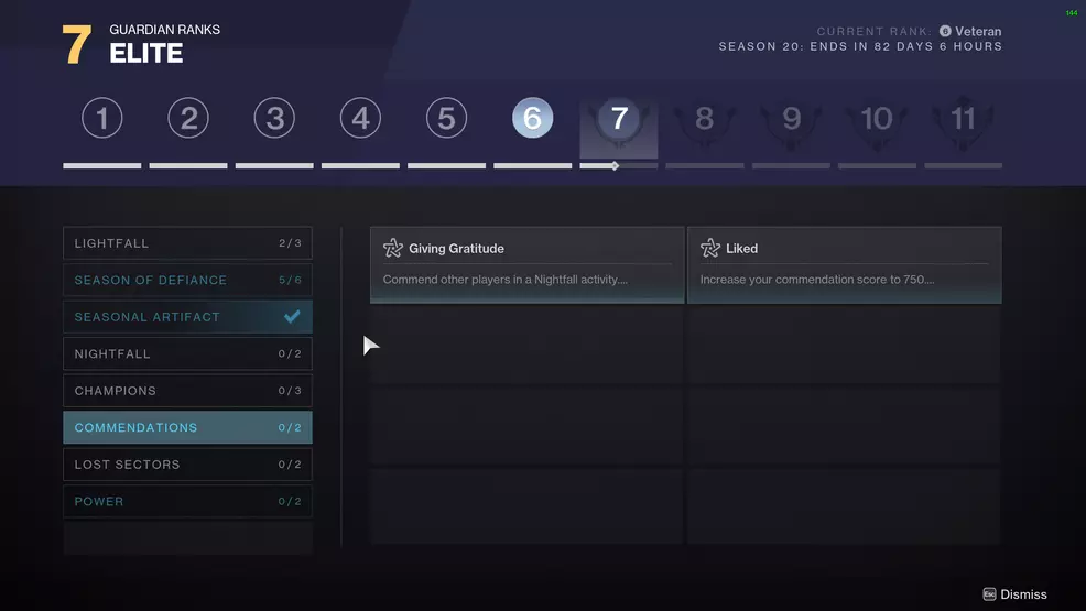 The Guardian Ranks screen showing seasonal objectives