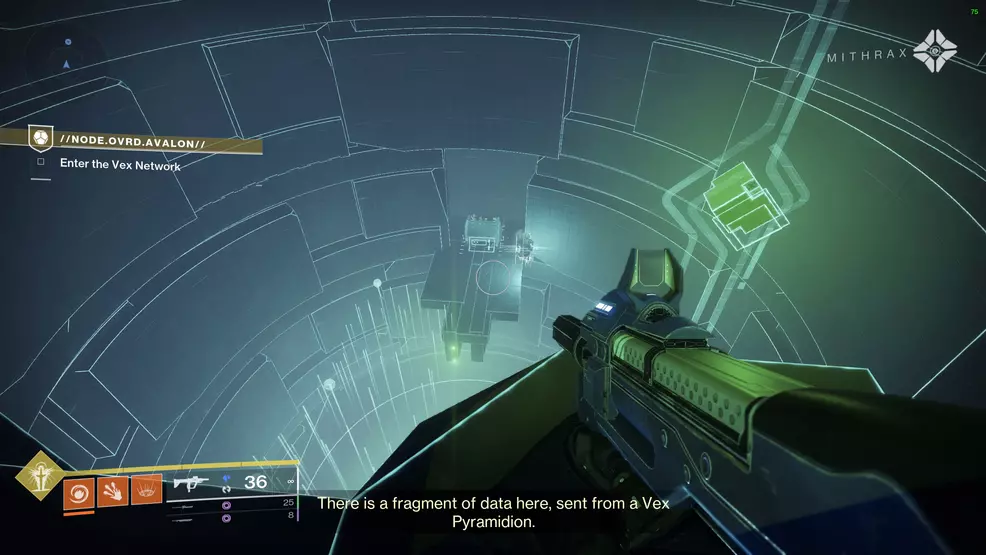 The player stands beside a node as the chest spawns across the gap of the cylindrical room