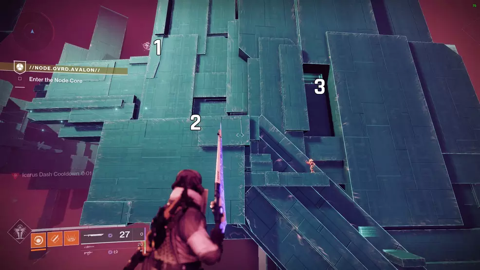 The three Vex shape locations are marked with a number along the slanted descent