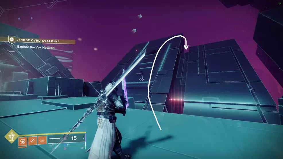 An arrow points up and over the slanted wall near the diamond tunnel