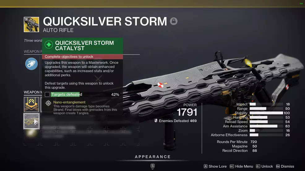 The Quicksilver Storm Exotic catalyst shown on the gun