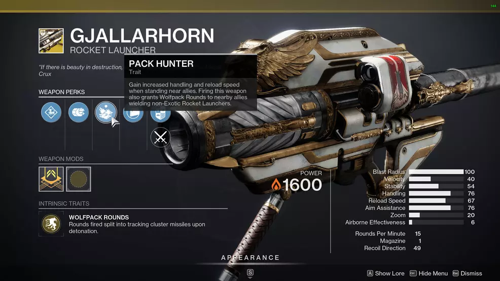 Gjallarhorn with the mouse hovering over an Exotic perk