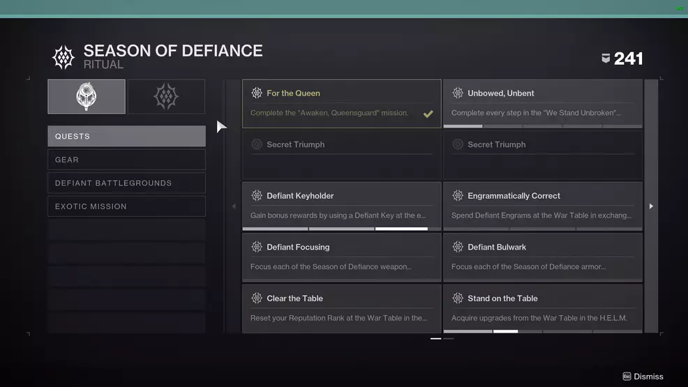 Season of Defiance Triumphs Destiny 2