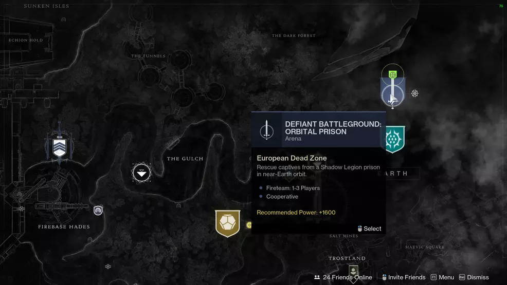 Map showing the location of the Defiant Battleground Orbital Prison