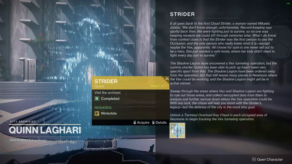 The first step in the Strider quest showing the player speaking with Quinn