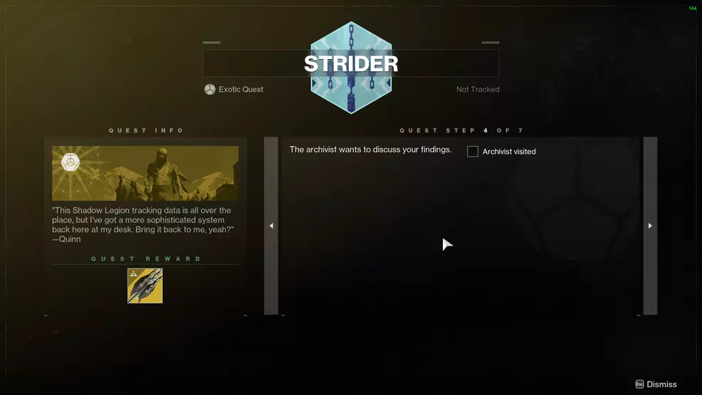 The Strider quest showing the requirement to speak with Quinn