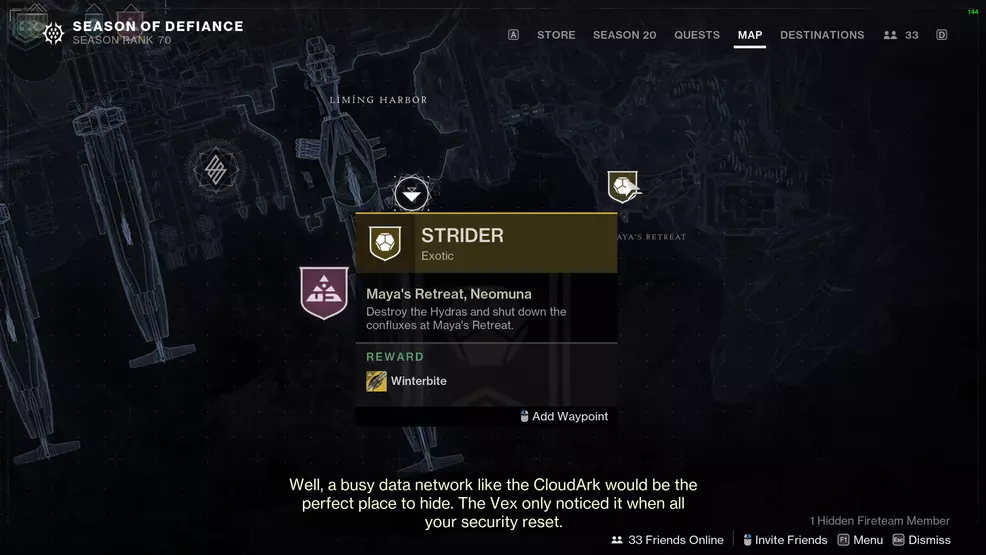 The Exotic icon on the map in Maya's Retreat for the sixth step in the Strider quest