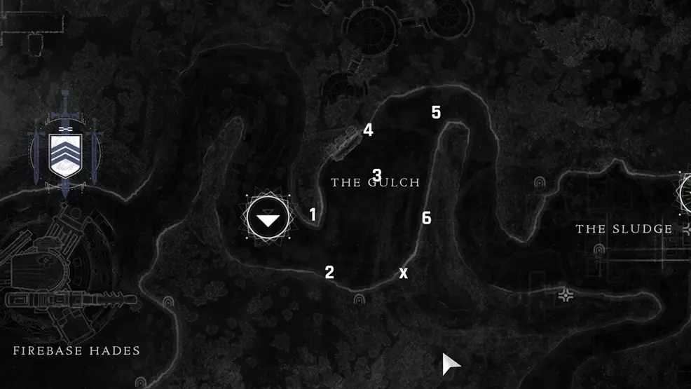 A map of The Gulch showing the locations of the Vex nodes for the secret Exotic mission, The Variable