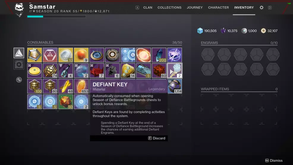 Defiant Keys in the inventory describing how to use them