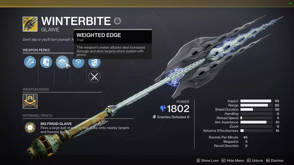 The Winterbite Exotic Glaive with its Exotic perks highlighted