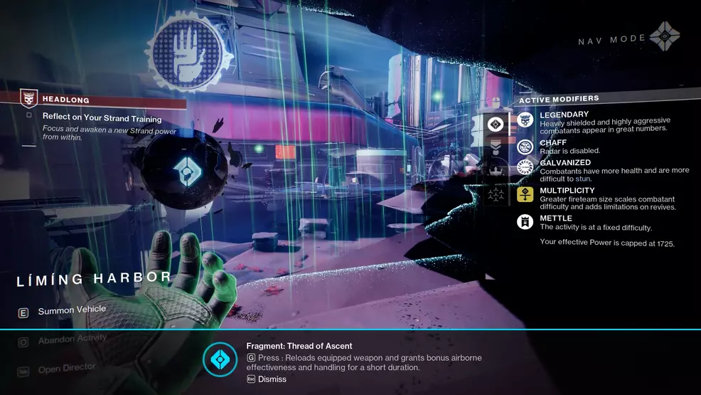 An image showing the current objective and mission modifiers from the Headlong mission in Destiny 2: Lightfall