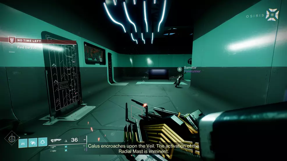 A Guardian moving through the halls during the No Time Left mission from Destiny 2: Lightfall