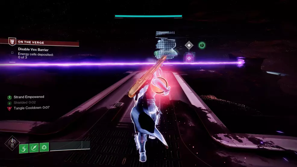 A Guardian carrying an Energy Cell to disable a Vex barrier in On the Verge