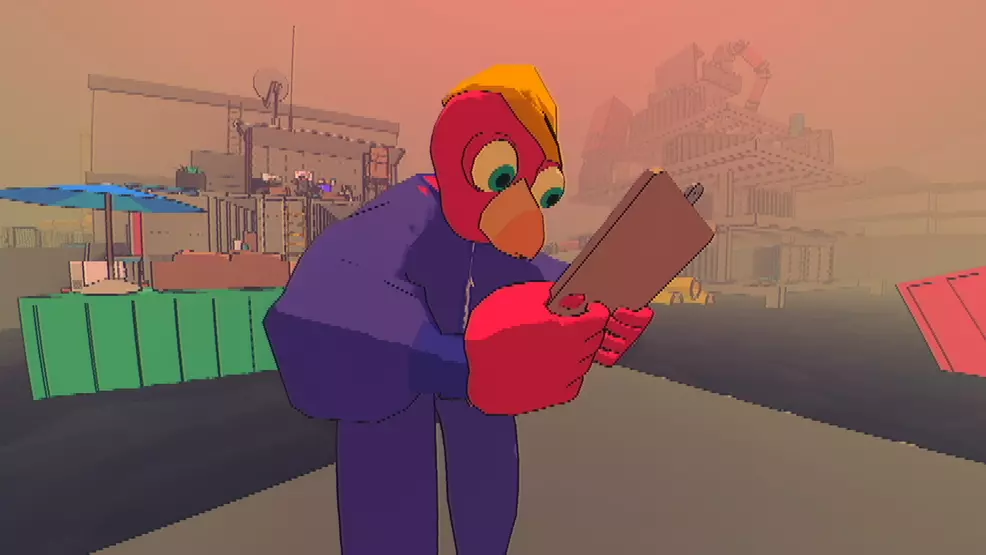 An anthropomorphic bird wearing blue covearlls is standing on a gray platform with a clipboard in its feather-hands