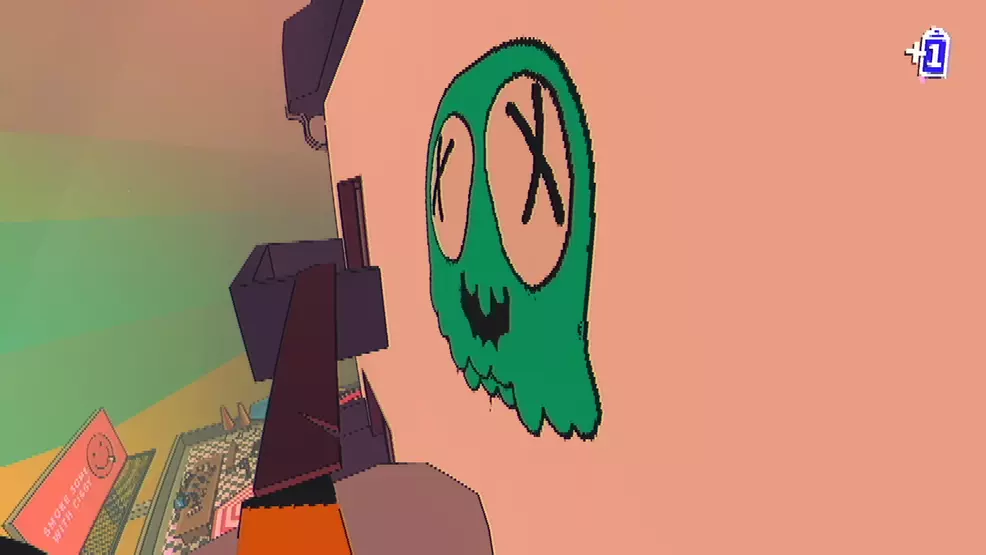A green face with two X-es for eyes is painted on an otherwise-clean beidge wall between two stair landings. A lone wooden plank connects the landings