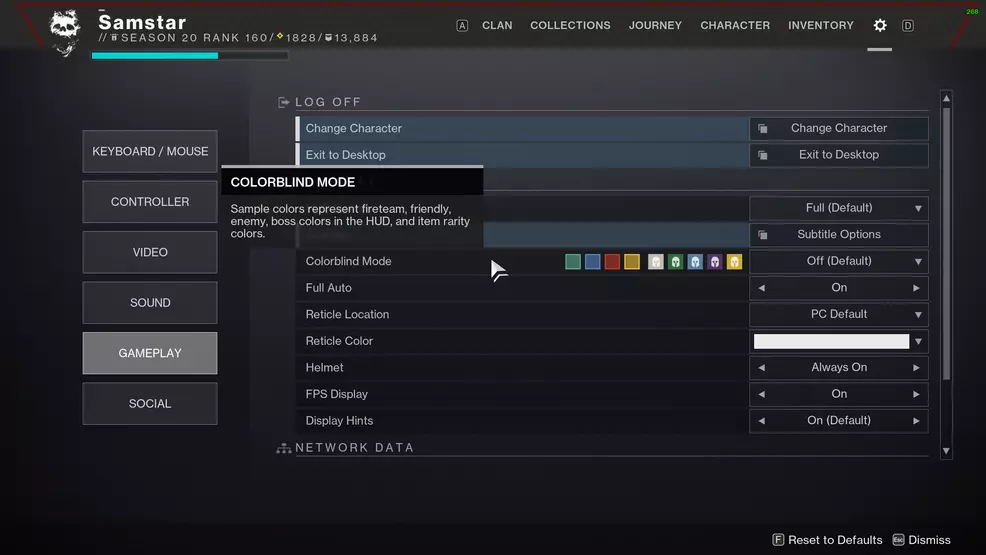 The colorblind mode option in Destiny 2