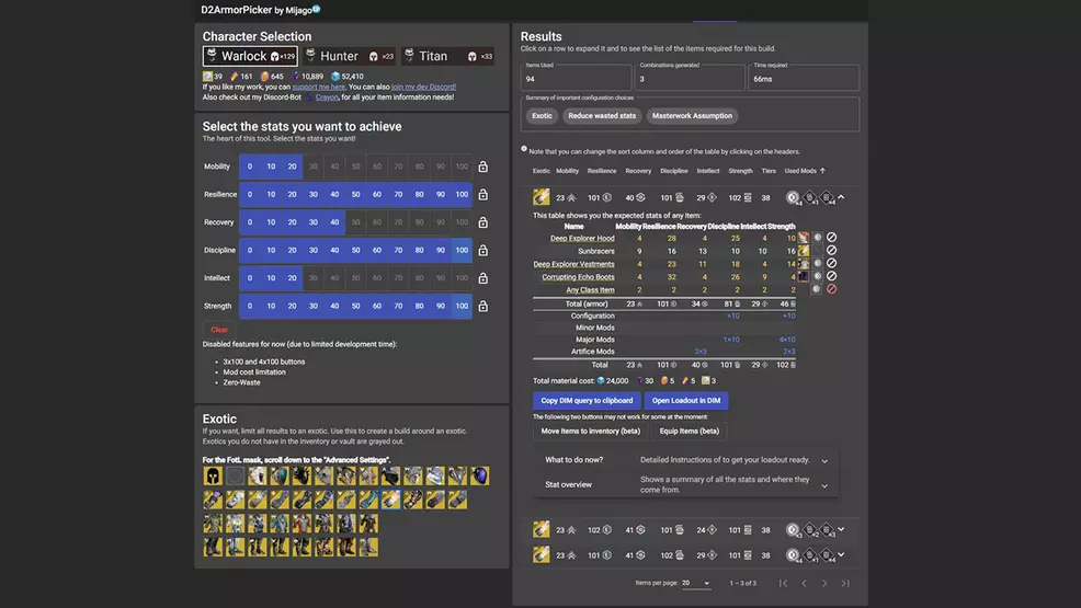 D2ArmorPicker showing stat splits, Exotic pieces, and more