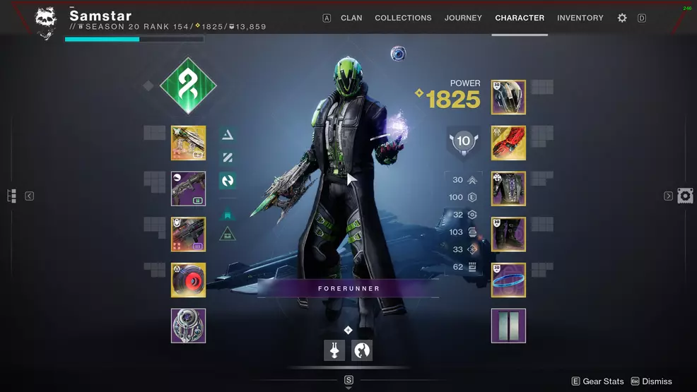 The Character screen showing a Strand Warlock using Necrotic Grips and Osteo Striga