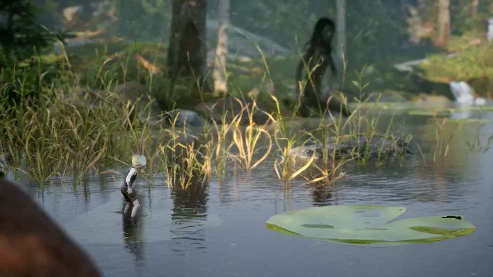 A screenshot of Olle preparing to jump across lily pads in a pond after being spotted by a troll.