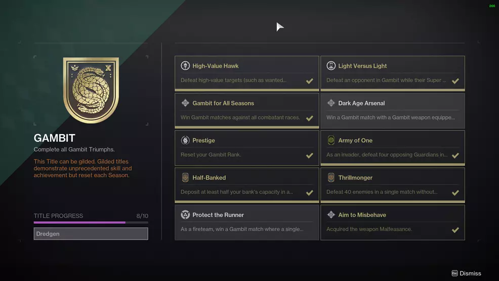 The Gambit Triumphs screen for the Dredgen Title in Destiny 2