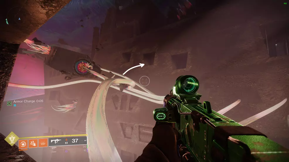An arrow pointing to a hole in the wall in Root of Nightmares