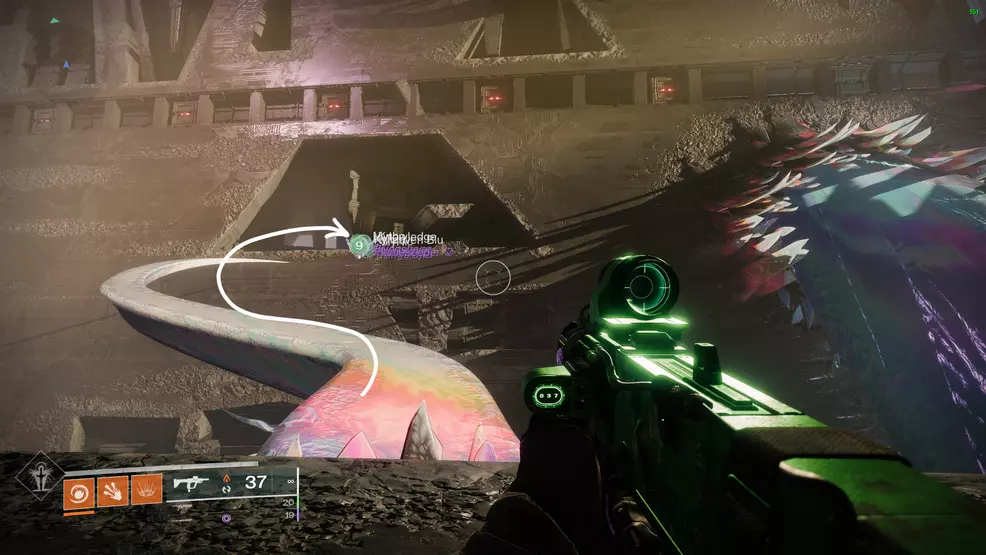 A branch winds from one side to the other in the raid, an arrow points to the direction of the lore entry