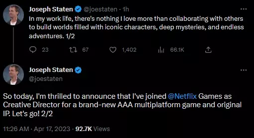 Joseph Staten's tweets on joining Netflix Games