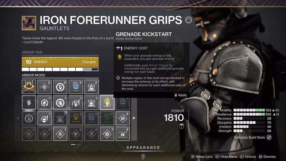 The Grenade Kickstart mod is shown here, which allows you to recover grenade energy