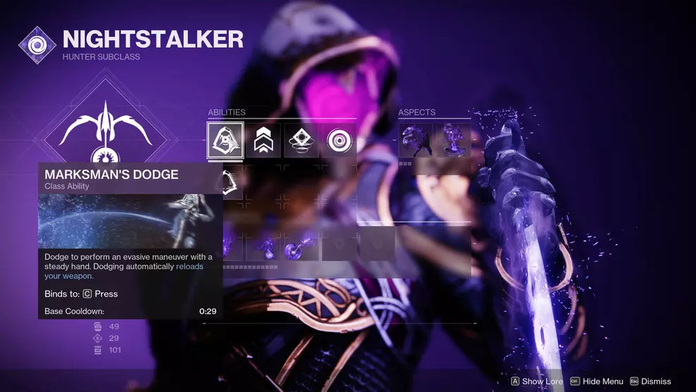 A screenshot showing the Marksman's Dodge Fragment for Hunters in Destiny 2