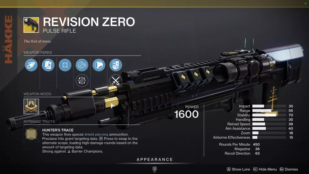 An image showing the perks on the Revision Zero Exotic Pulse Rifle in Destiny 2