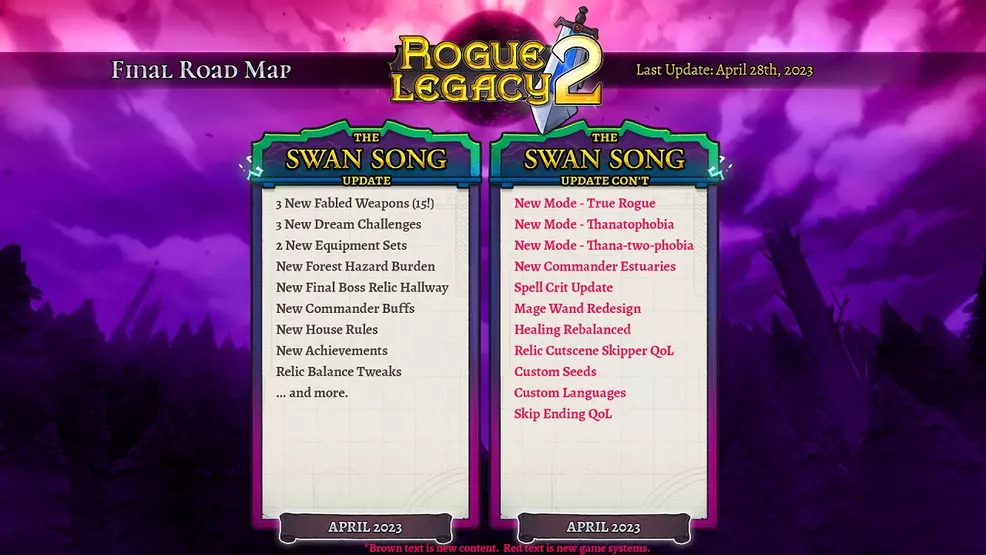 Rogue Legacy 2 The Swan Song Update feature list