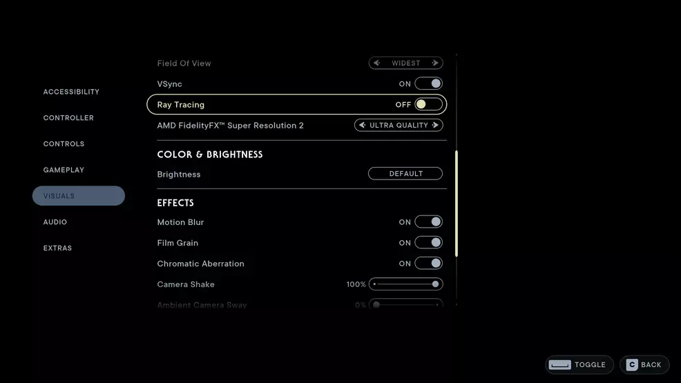 The ray tracing toggle in the PC settings