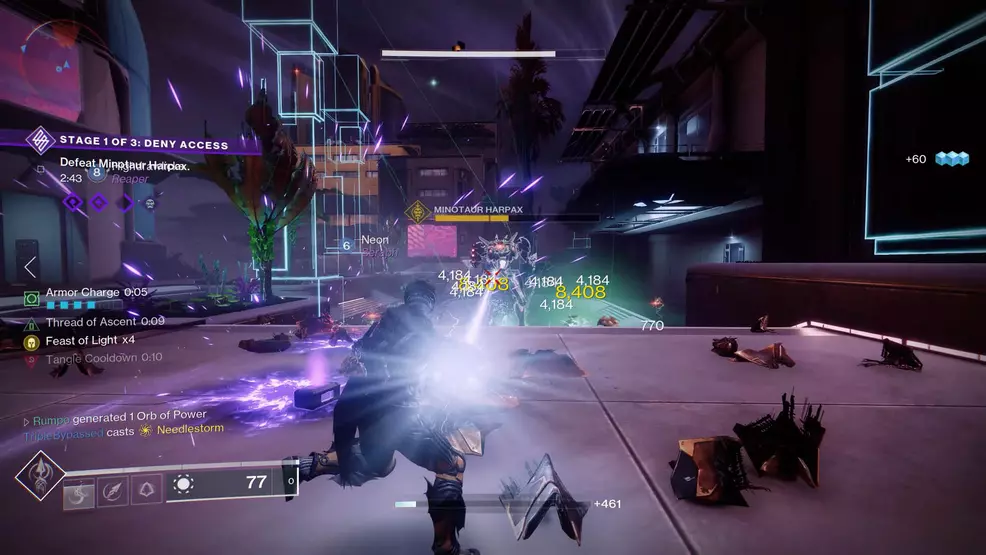 A Guardian using an Arc Cranium to defeat the Minotaur Harpax during Terminal Overload in Destiny 2