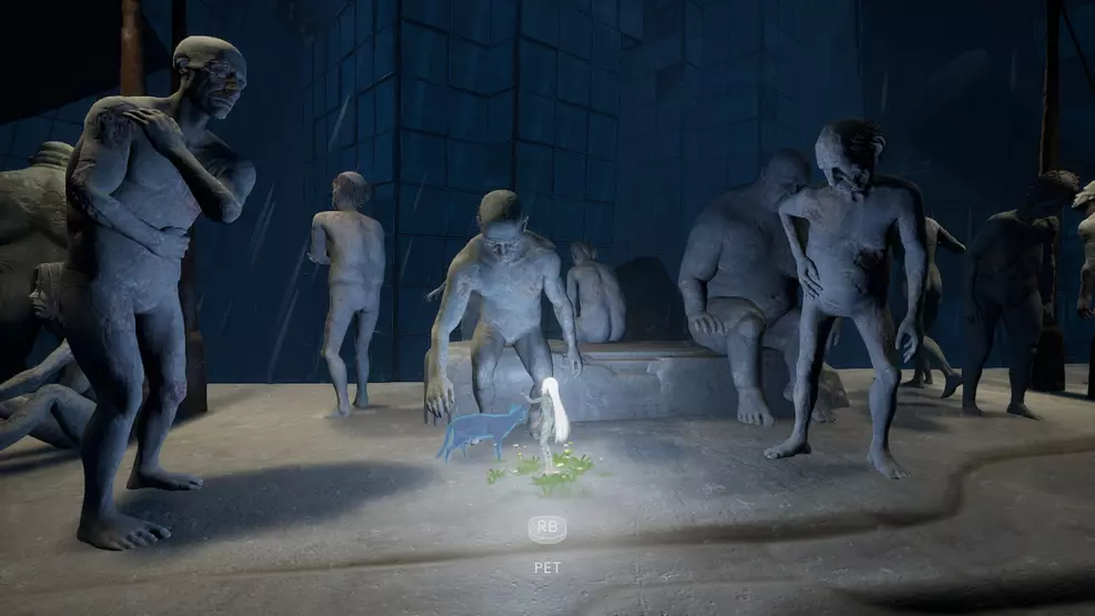 An image of Gaia petting the freed spirit of a cat in After Us. An image of Gaia petting the freed spirit of a cat in After Us.