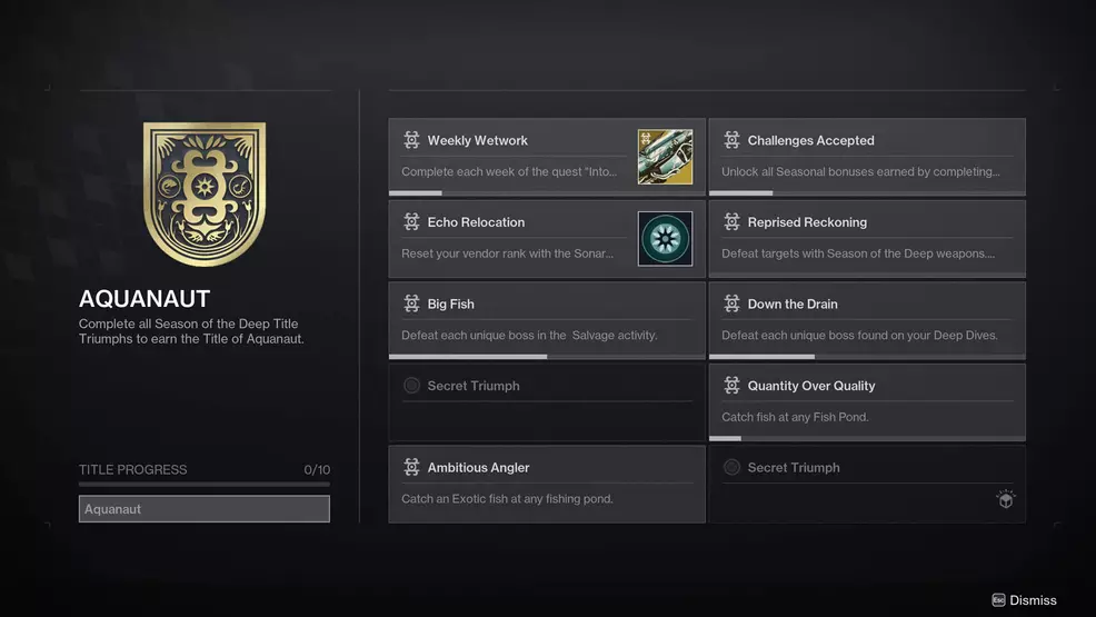 An image showing the Triumphs screen for the Aquanaut Title in Destiny 2