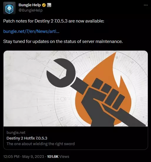 Destiny 2 tweet on Hotfix 7.0.5.3.
