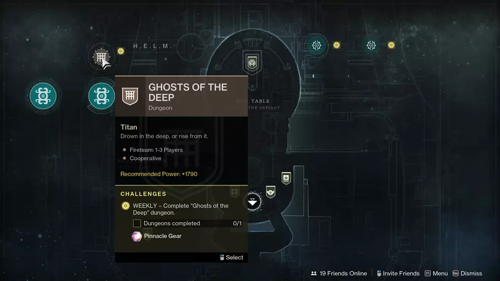 An image showing the Ghosts of the Deep dungeon on the H.E.L.M. map in Destiny 2