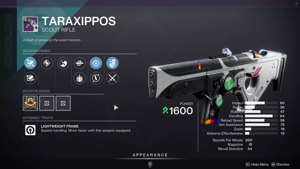 Taraxippos perk screen in Destiny 2