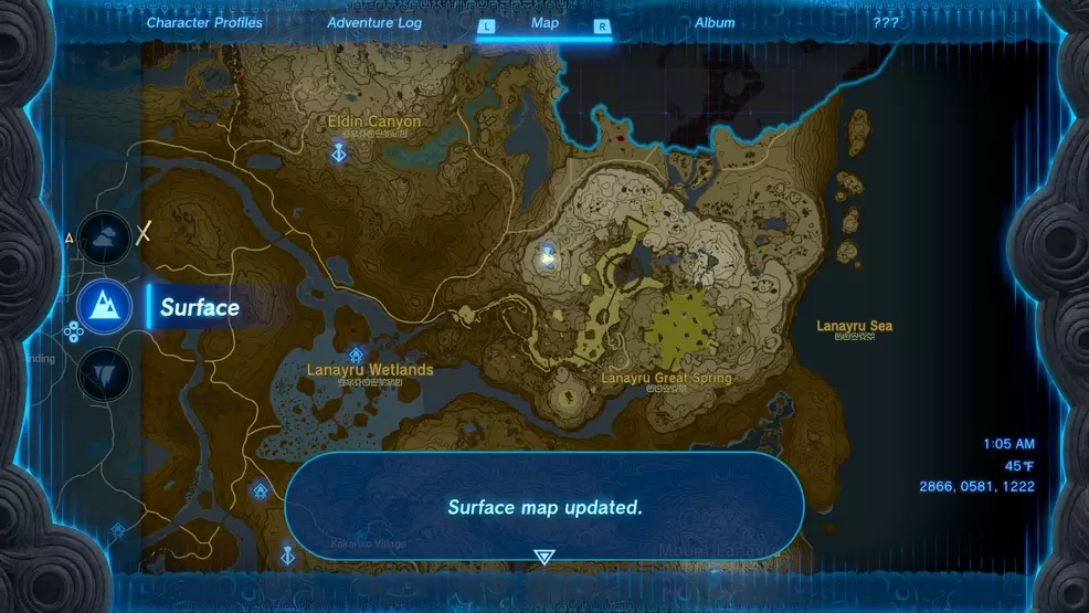 A map image showing the location of the Upland Zorana Skyview Tower in Tears of the Kingdom