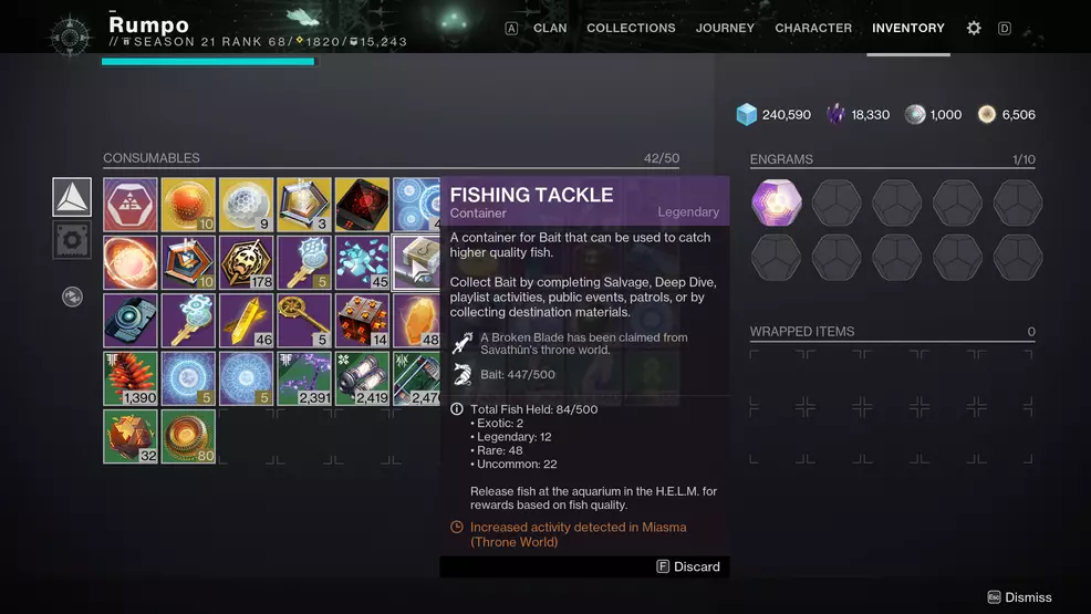 Inventory screen showing the Broken Blade in the Tackle Box