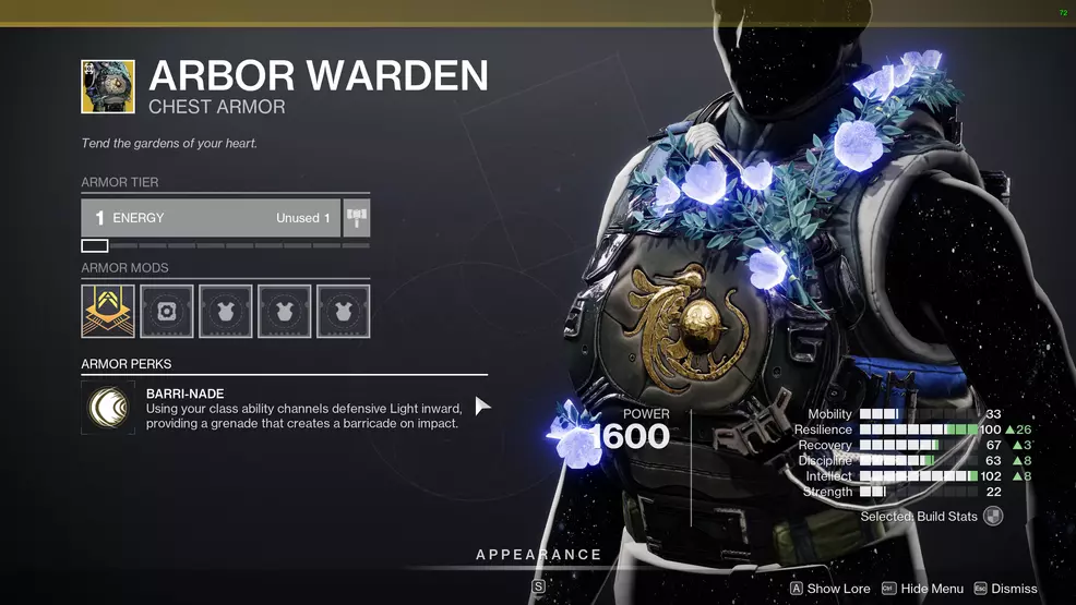 In-game screenshot showing Arbor Warden and its perk