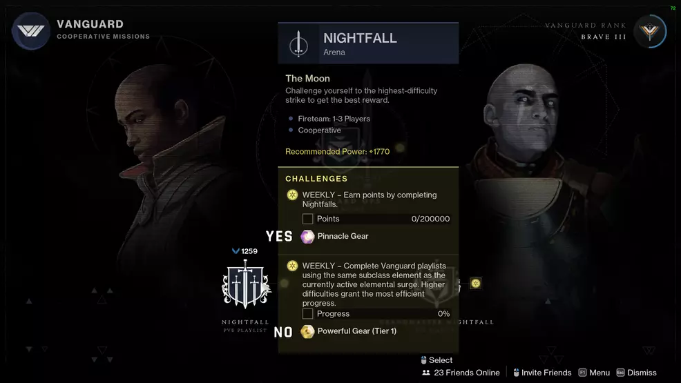The Vanguard playlist screen showing Pinnacle rewards