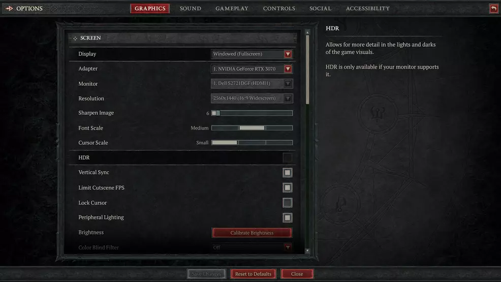 A menu screen showing a variety of screen settings in Diablo 4