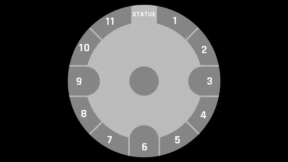 A simplistic, top-down view of the Lightblade arena segmented into different sections and labeled