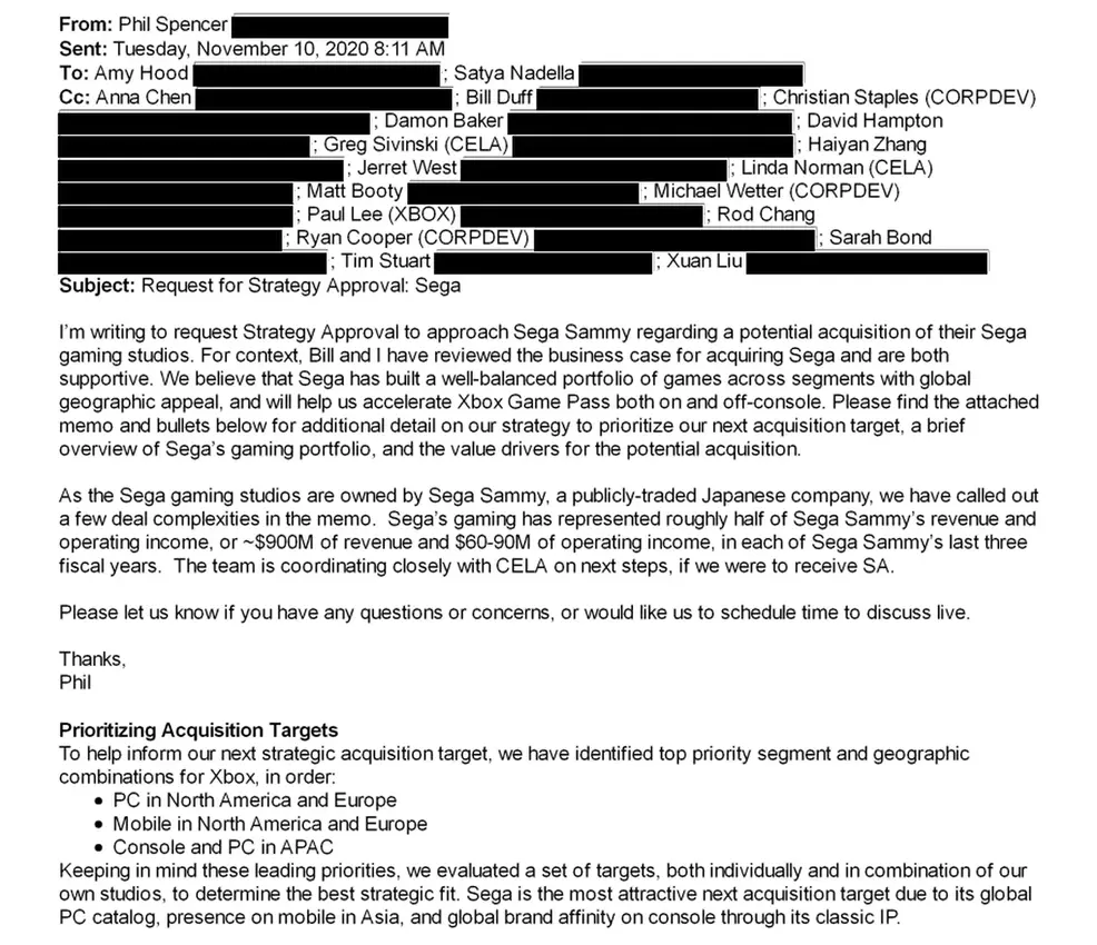 Screenshot of an email from Xbox head Phil Spencer about acquiring SEGA.