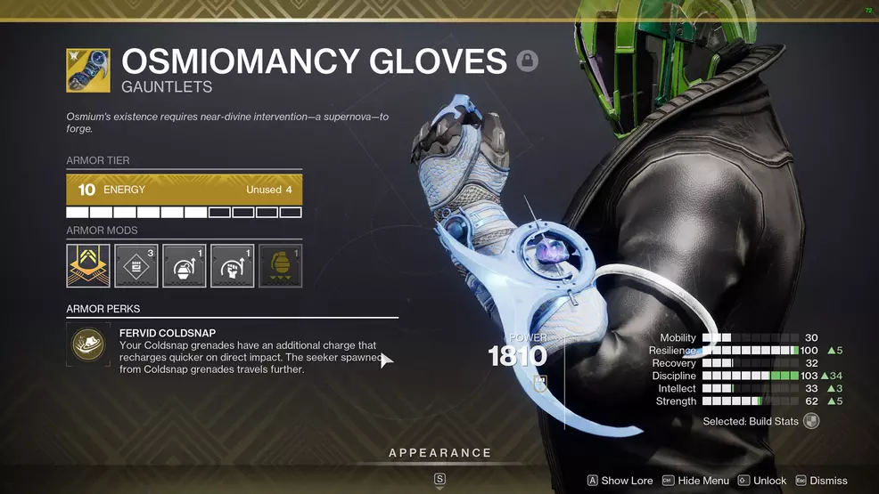 Osmiomancy Gloves showing the Exotic perk