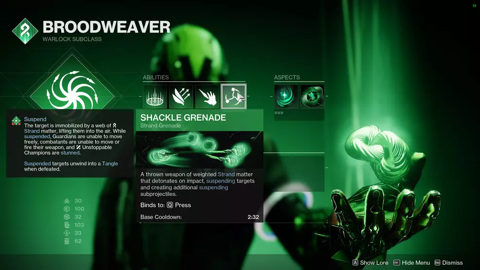 The subclass screen for the Strand Warlock highlighting the Shackle Grenade