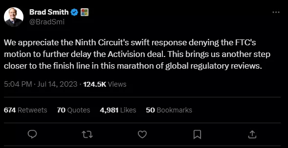 Microsoft's Brad Smith's statement on the denial of the FTC's appeal