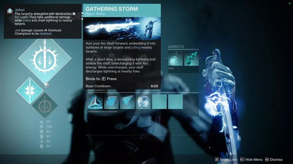 The subclass screen showing the Hunter Arcstrider Super, Gathering Storm